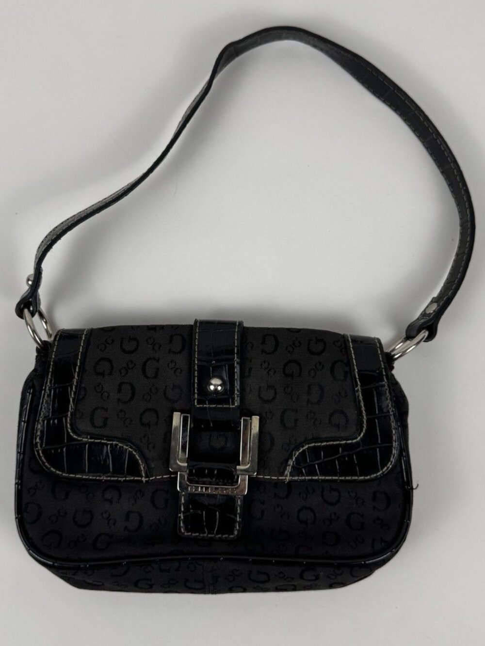 Vintage Guess Mini Shoulder Bag Y2K Silver G Buckle Purse Faux Croc